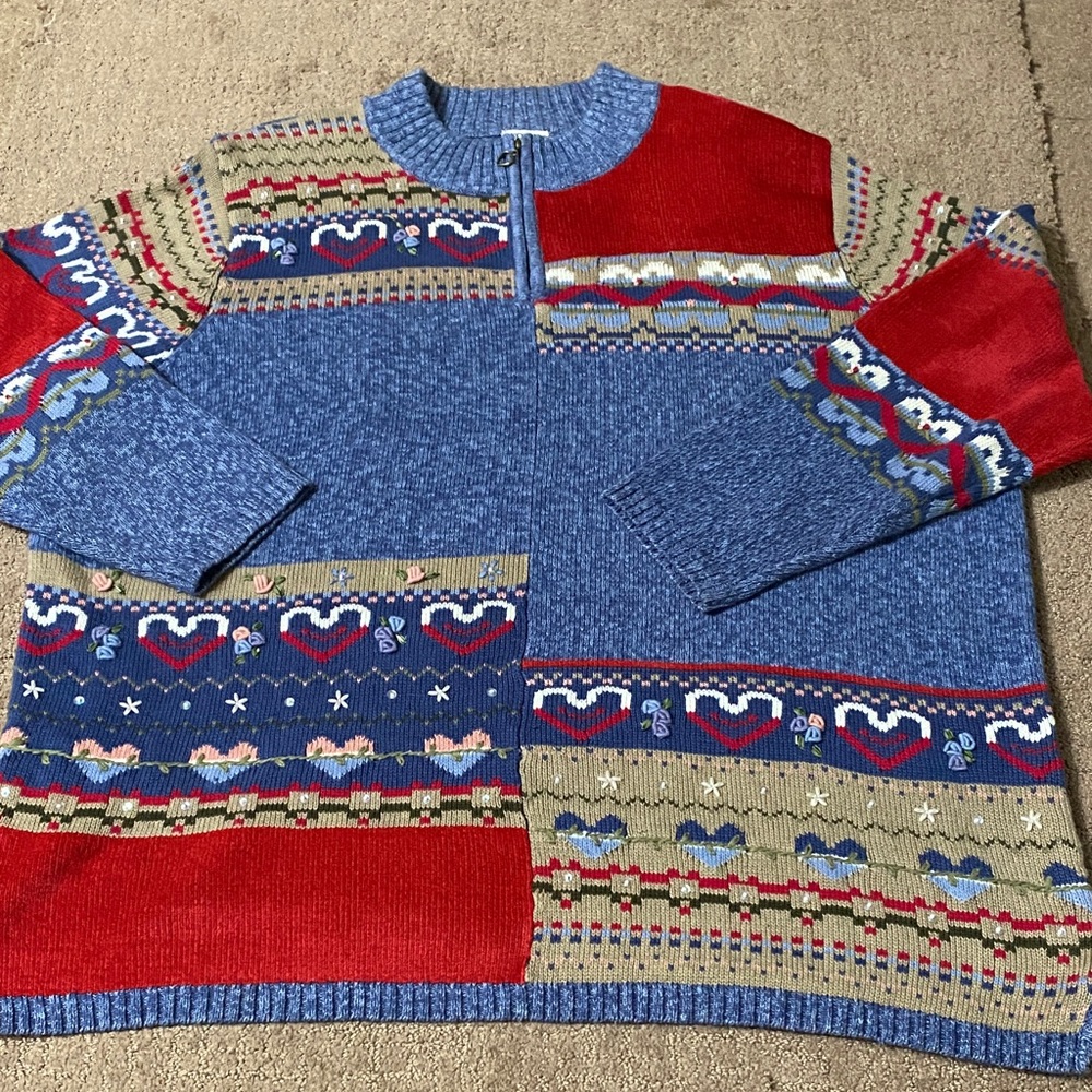 Koret City Blues Blue and Red Patchwork 3X 1/4-Zip Sweater Cottagecore Beaded